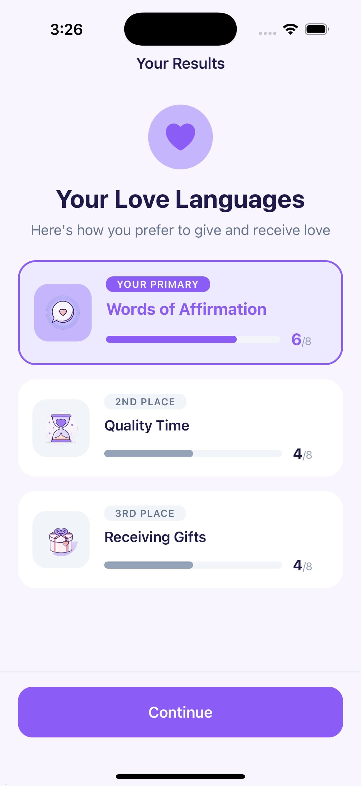 Love Language Quiz Results in Middly app